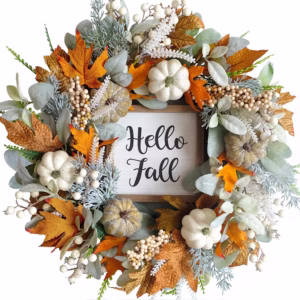 Fall door wreath with pumpkins.