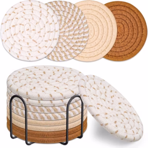 Woven and neutral drink coasters.